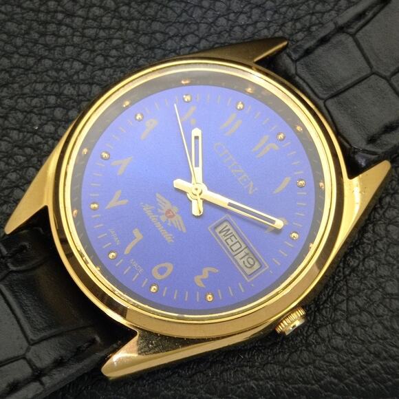 Vintage 1975 Arabic Citizen Automatic Mens Gold Watch W/daydate & Blue accents - Picture 6 of 10